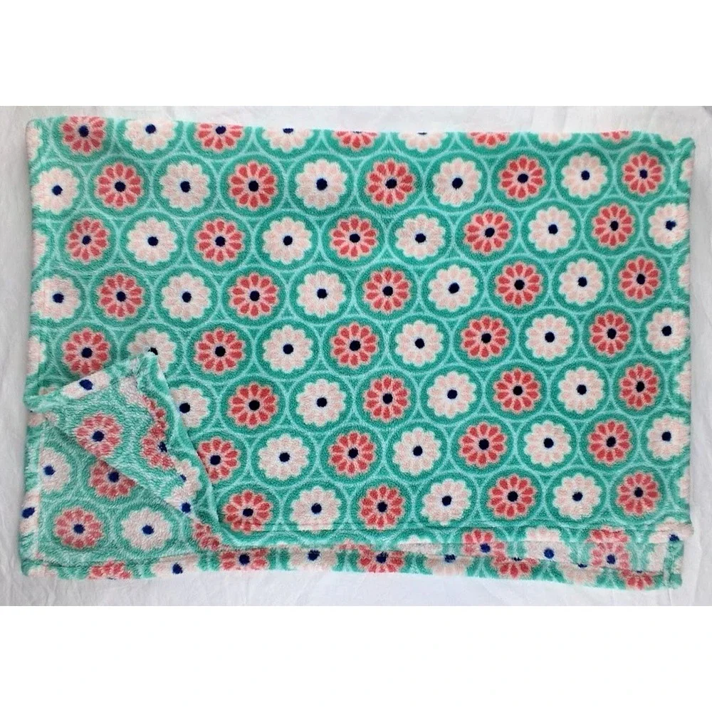 Baby Gear Teal Green Peach Coral Flower Blanket Soft Fleece Girl Lovey Circles